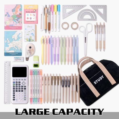 Image of EASTHILL Corduroy Hand-held Pencil Case Large Cute Pencil Pouch Stationery Pen Bag for Teen Girls-Black