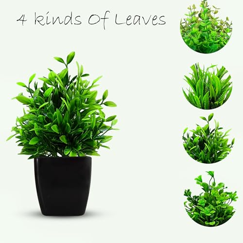 Image of Small Potted Faux Plant, Fake Green Grass Black Pot Pack of 4, Artificial Plants with Pot, Indoor Plant, Mini Fake Plants for Living Room Decoration, Balcony Decoration