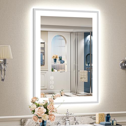 Image of 24x36 Brushed Nickel LED Bathroom Mirror with Lights, Backlit & Front-Lit, Anti-Fog, Framed Lighted Vanity Mirrors for Bathroom Wall, Dimmable, 3 Colors, Memory, Shatter-Proof, Tempered Glass