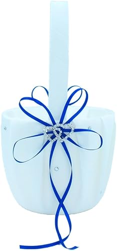 Abbie Home Cesta de flores de boda azul real, lazo con doble corazón y diamantes de imitación, decoración de fiesta (cesta azul rey)