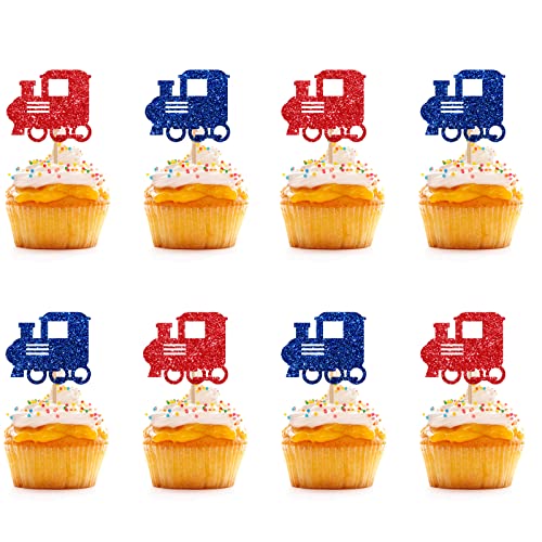Train Cupcake Toppers, Blue & Red Glitter Steam Train Birthday Cupcake Picks, Transportation Cake Decorations For Gender Reveal/First Birthday Party - 24Pcs #TOP16