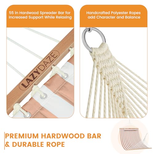 Image of Lazy Daze 12 FT Quilted Double Hammock with Spreader Bar, 2-Person, Outdoor Hammock for Patio, Poolside, Backyard, Beach, 450 lbs Capacity, Beige White