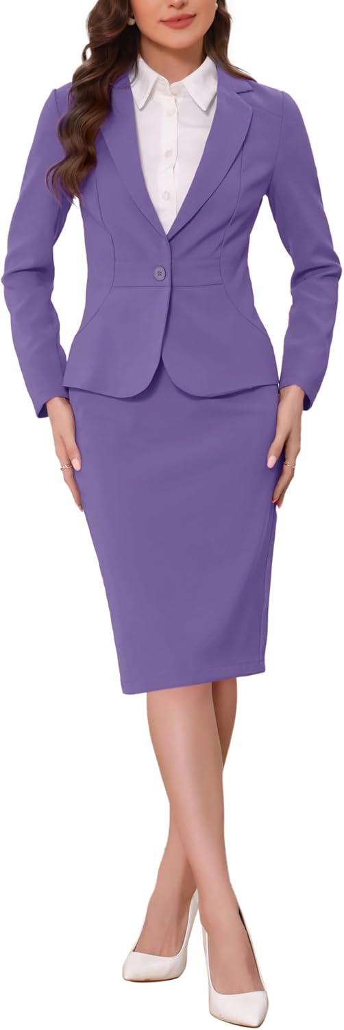 Allegra K Women's 2 Piece Suit Skirt Set Business Casual Outfits Long Sleeve Blazer and Pencil Skirt