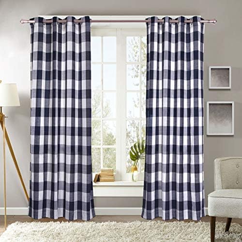 Decotex 2 Piece Courtyard Plaid Buffalo Checkered Grommet Window Curtain Treatment Panel Drapes (2 Panels 53" X 84", Navy Blue/Beige)