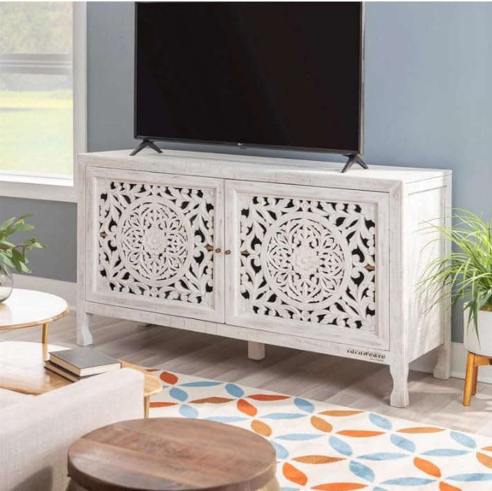 Image of Yepa Wooden Sideboard Cabinet for Living Room | Handcrafted Solid Wood Storage Cabinet with Carved Doors | Crockery Cabinet for Home | Crockery Furniture for Home (White Distress)