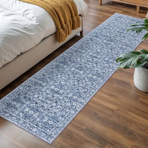 2x7 Blue Washable Runner Rug for Hallways, Soft Classic Kitchen Rugs with Non-Slip, Non-Shedding Distressed Floral Rug for Hallway Entryway Bedroom Bathroom Laundry Indoor