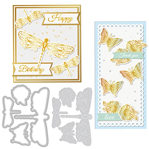 GLOBLELAND Dragonfly Butterfly Hot Foil Plate and Cut Dies Set Flower Floral DIY Foil Embossing and Die Cuts for Scrapbooking Decor Cards Making Matte Platinum
