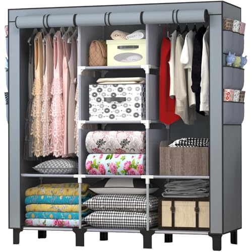chunyangjingpin Armoire portable avec 2 tringles et 8 étagères, armoire de chambre à coucher avec 18 poches latérales, organiseur de vêtements pliable...