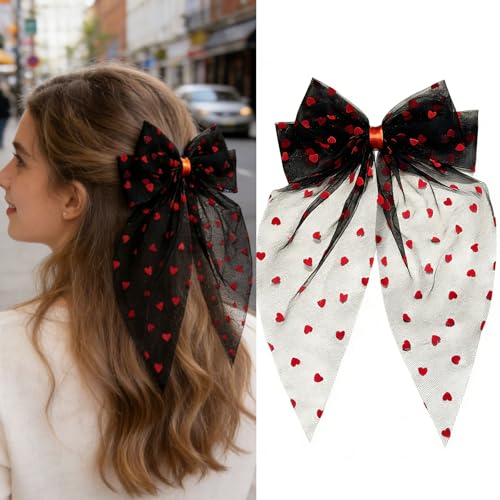 Pinza para el cabello con Lazo de Corazón Rojo y Encaje Negro para mujer, accesorios para el cabello para bodas y fiestas miniatura 1