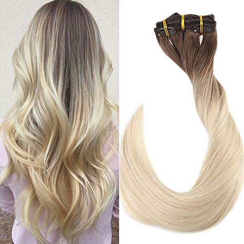 Fshine Clip in Hair Extensions Human Hair Light Brown Fading to Blonde 100 Gram Real Hair Extensions Clip in Human Hair Double Weft Remy Clip in Hair Extensions Natural Straight 7 Pieces 20 Inch