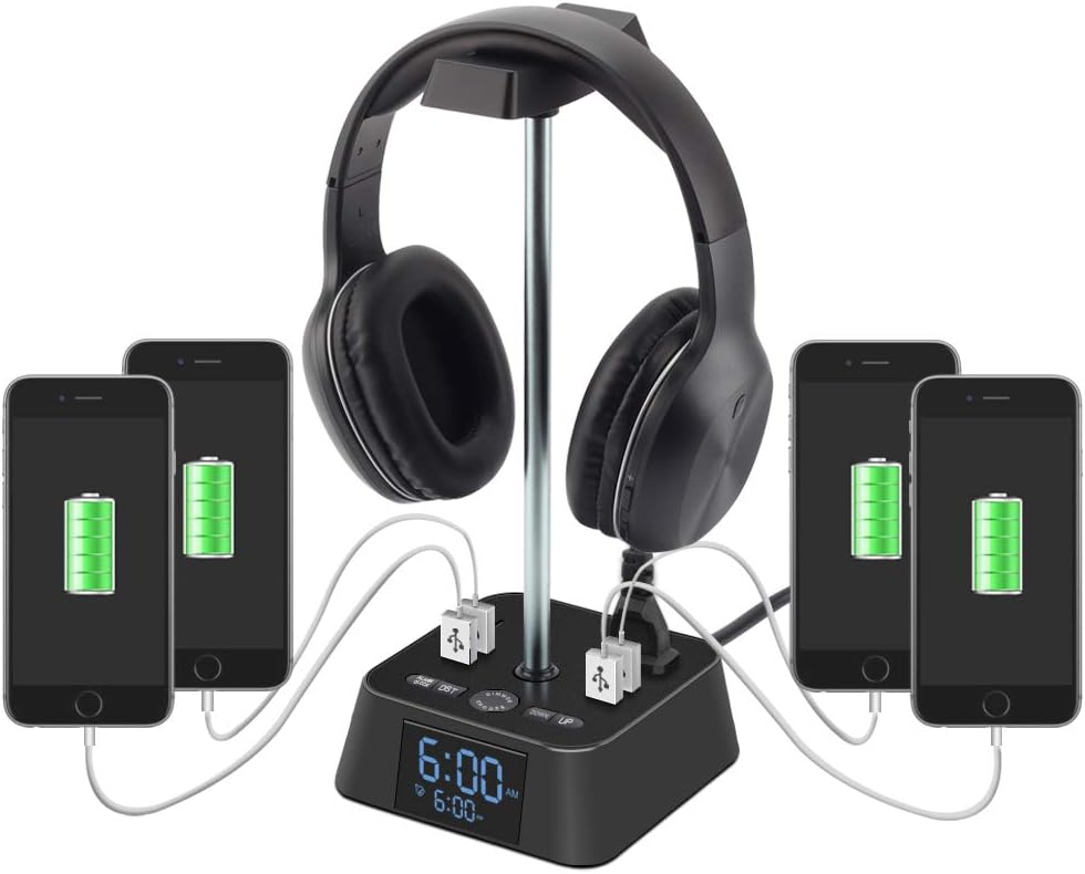 Headphone Stand with 4 USB Charger and 2 Outlet Desktop Headset Holder Hanger Bracket with LED Lamp Alarm Clock Base - Suitable for Gaming, DJ, Boyfriend Gift(Black)