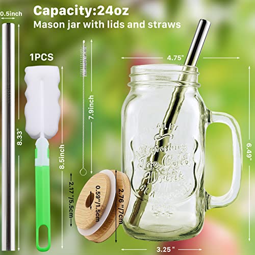 4 Pack 24 Oz Mason Jar Cups With Handle,Reusable Mason Jar Drinking Glasses,Mason Jar Mugs With Bamboo Lids And Stainless Steel Straws,Regular Mouth Glass Mason Jar For Iced Coffee Large Pearl Juices #TOP2