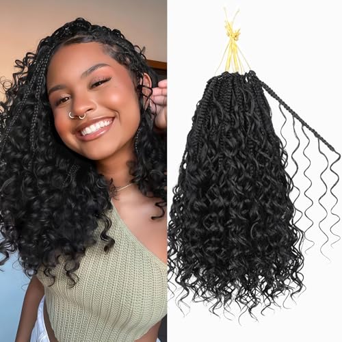 Boho Box Braids Crochet Hair for Black Women – 12 Inch Micro Pre-Looped Style, 4 Culrs Goddess Box Braids Crochet Hair with Curly Ends (12 Inch, 1B)