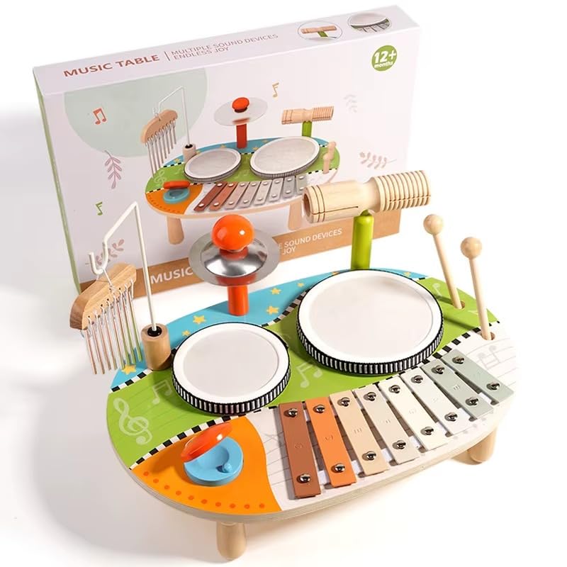 Wooden Montessori Musical Instrument Table for Kids - Includes Drum Set, Cymbal and Bells, Xylophone Toy Set | Percussion Musical Set (MusicTable)-picture-10