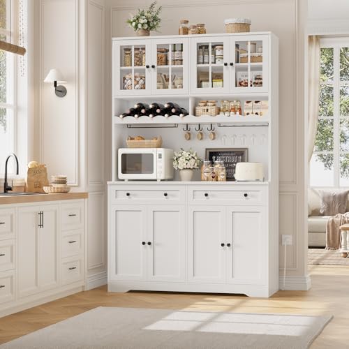 Image of HOSTACK 75.4 inch Tall Kitchen Pantry Cabinet with Charging Station, Modern White Kitchen Hutch with Microwave Stand and Wine Racks, Large Food Pantry Storage Cabinet with Glass Doors and Drawers, White
