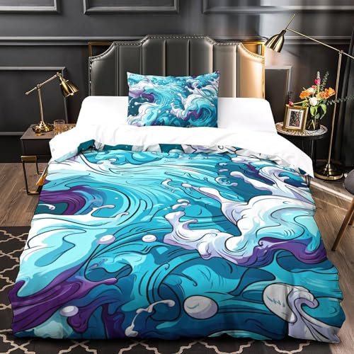 Housse de couette vagues mer microfibre parure lit 3 pièces - 4