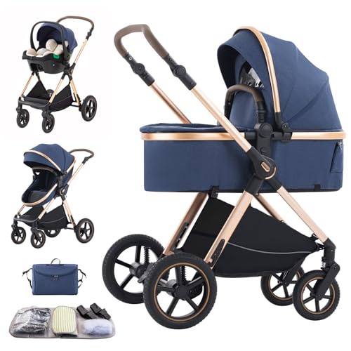 Shineey Kinderwagen 3 in 1,Puppenwagen Buggy Faltbarer Kinderwagen Set, Kombikinderwagen 3 in 1 mit Großer Bequemer Babywanne, Laufwagen Rahmen Aluminiumlegierun (D2 BLUE, H2-D)