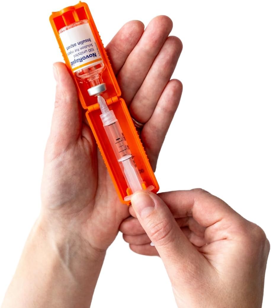 Omnipod T1me Vial Syringe Insulin Filling Support, Insulin transfer device for Type 1 Type 2 diabetes, Bottle Protector Case, Vial Holder (orange)