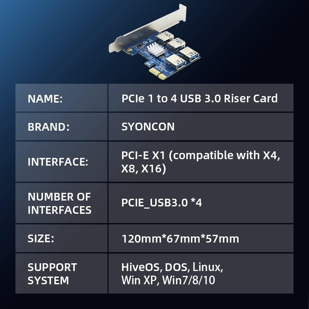 PCIe 1 to 4 Riser Card, Pcie Splitter 1 to 4 PCI Riser Card, 4 Risers into 1 PCI Card, PCIe Multiplier Risers 1X to External 4 PCI-e USB3.0 Adapter for ETH Miner GPU Crypto Bitcoin Ethereum Mining Rig