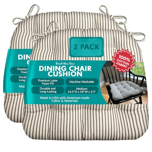 Barnett Home Decor Dining Chair Cushions, 16.5 x 18, Pack of 2 – Ticking Stripe Black – 100% Cotton, Latex Foam Fill