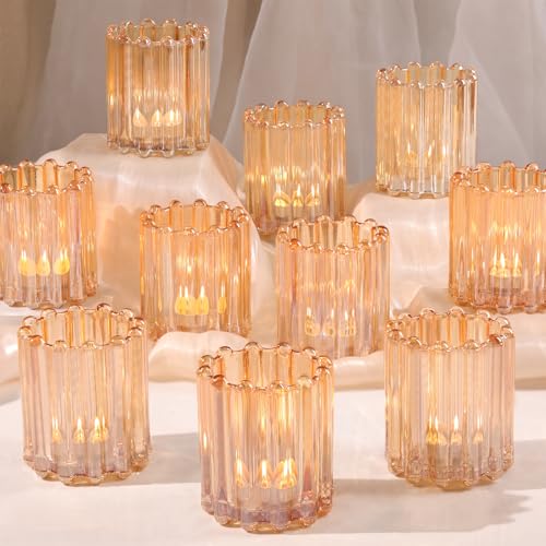 HAVITI Glass Gold Votive Candle Holder, Ribbed...