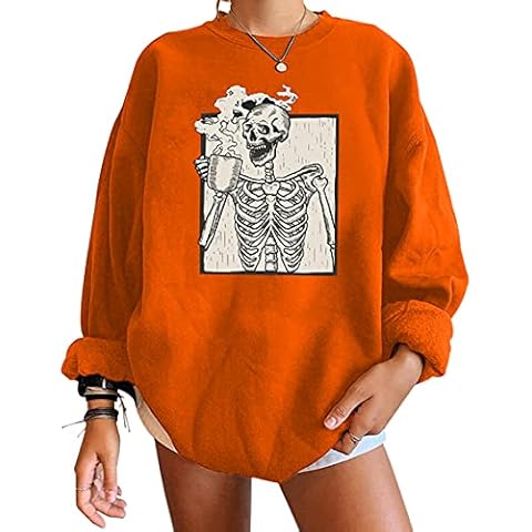 Meladyan Y2K Halloween Skull Graphic Print Fleece Oversized Sweatshirt Crewneck Long Sleeve Drop Shoulder Pullover, Pumpkin Orange, Medium Cover