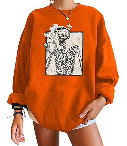 Meladyan Halloween Skull Graphic Print Fleece Oversized Sweatshirt Crewneck Long Sleeve Drop Shoulder Pullover