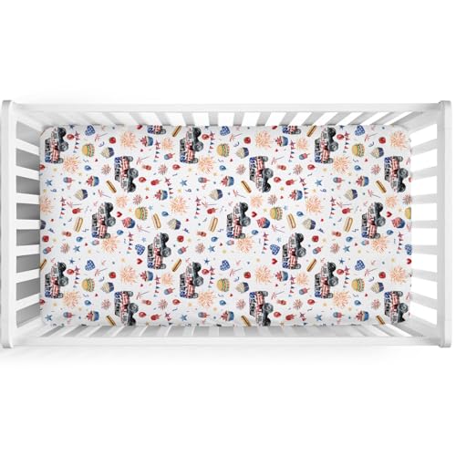 Image of American Flag Trucks Crib Mattress Sheet 52''x28'' 4th of July Patriotic Stars Burgers Stretchy Fitted Crib Mattress Sheet for Boy Girl Soft Nursery Baby Sheets for Standard Crib and Toddler Mattress