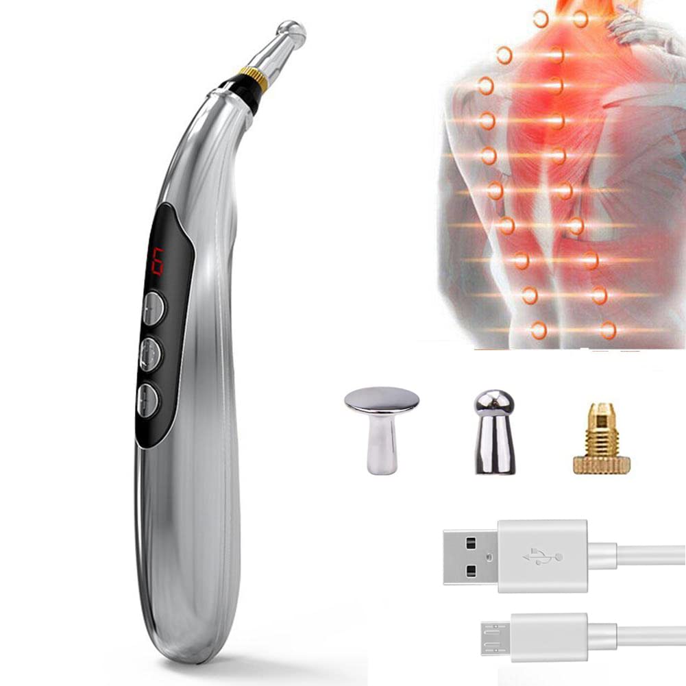 Acupuncture Pen for Pain Relief, Acupressure Pen Massage Pen Electric Meridian Pen Electronic Acupuncture Pen USB Rechargeable Pain Relief Massage Tool with 3 Massage Heads & 2 Massage Gel