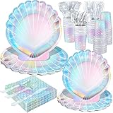 Cunhill 144 Pcs Mermaid Birthday Party Supplies Tableware Includes Mermaids Plates Napkins Cups Spoons Fork Knives for Under The Sea Party Baby Shower Dinnerware Decorations Set