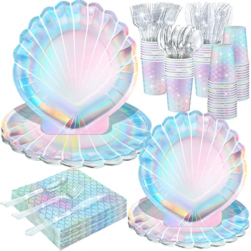 Cunhill 144 Pcs Iridescent Mermaid Party Supplies Mermaid Birthday Party Decorations Disposable...