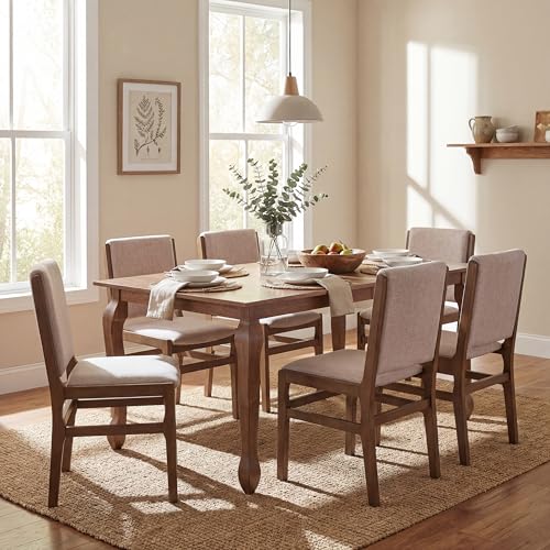 Christopher Knight Home Dean Rubber Wood Dining Chairs Set of 6, Modern Upholstered Dining Chairs, Armless Kitchen Chairs, Dining Room Living Room Accent Chair for Extra Seat, Walnut+Beige