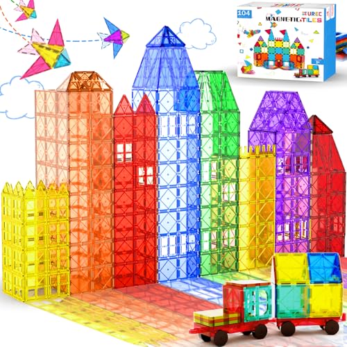 UREC Magnetic Tiles - 104 Pieces Magnetic Blocks for Kids, Magnet Tiles Building Blocks Set with 2 Cars, Construction STEM Toys Gift for Kids Boys 3 4 5 6 7 8 9+ Year Old
