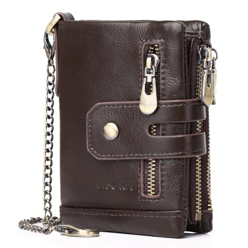 Men Wallet with Chain Genuine Leather Purse RFID Blocking Bifold Double Zipper Coin Pocket with Anti-Theft Chain Card Holder Purse ID Window Coffee