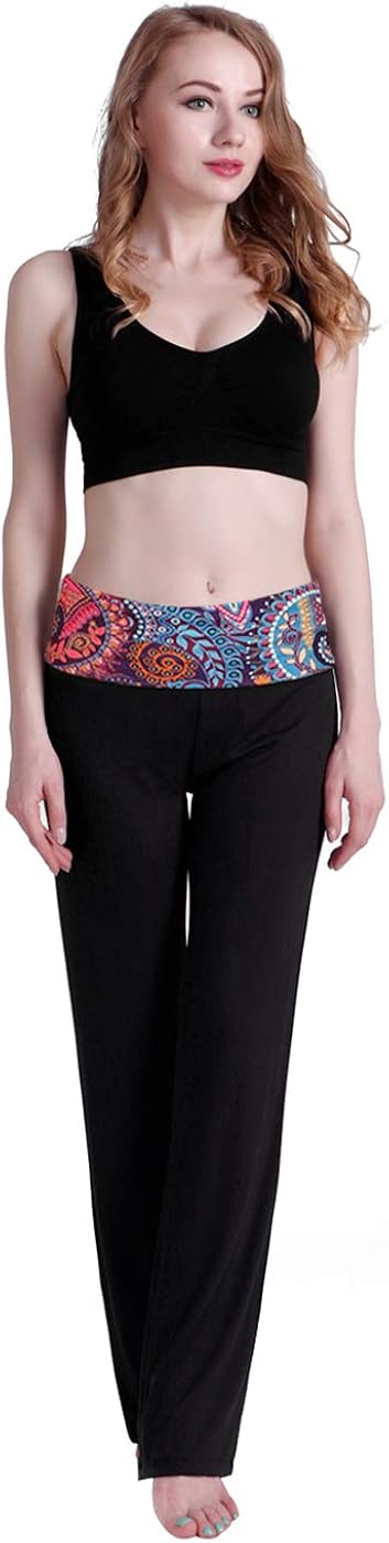 HDE Women's Color Block Fold Over Waist Yoga Pants Flare Leg Workout Leggings : Clothing, Shoes & Jewelry