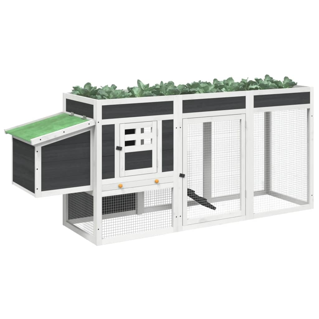 Gallinero gris, 204 x 50 x 84 cm, madera maciza de pino con bañera extensible, techo impermeable para animales pequeños, conejos, patos, gansos, pájaros