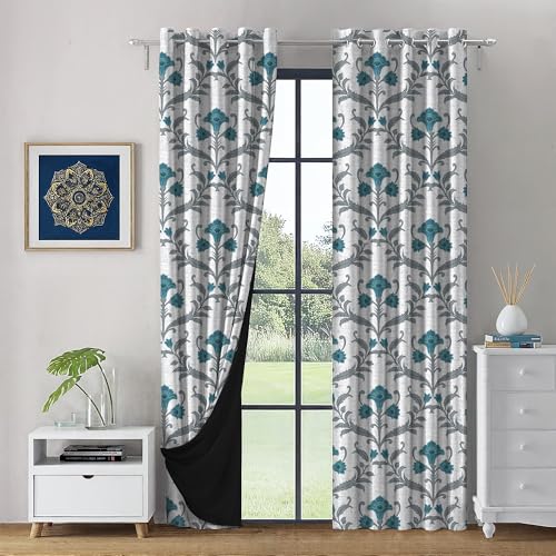 Image of LINENWALAS Printed Blackout Curtains for 6 Feet Window | Set of 2 | Printed Drapes | Thermal Insulated, Room Darkening Panels with Grommet Hanging for Living Room (Antique Teal Blue)