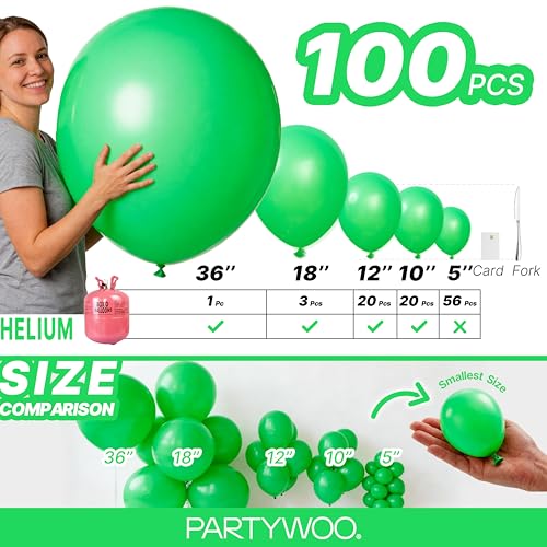 Image of PartyWoo Green Balloons 100 pcs Different Sizes of 36 18 12 10 5 Inch Green Balloon Arch Kit Garland for Birthday Baby Shower Graduation Dinosaur Jungle Golf Football Theme Party Decorations Green-Y24