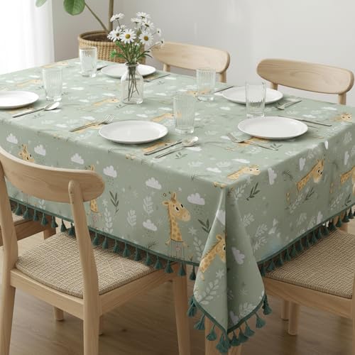Image of LORETO - A QUALITY LINEN BRAND 100% Pure Cotton Table Cover with Boho Tassels (48 x 48 Inch) - Square Tablecloth for Square Dining Table, Sage Green Jungle Giraffe