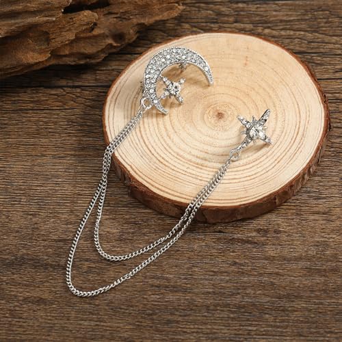 Image of Moon Star Rhinestone Brooch with Gold Tassel Brooch for Unisex
