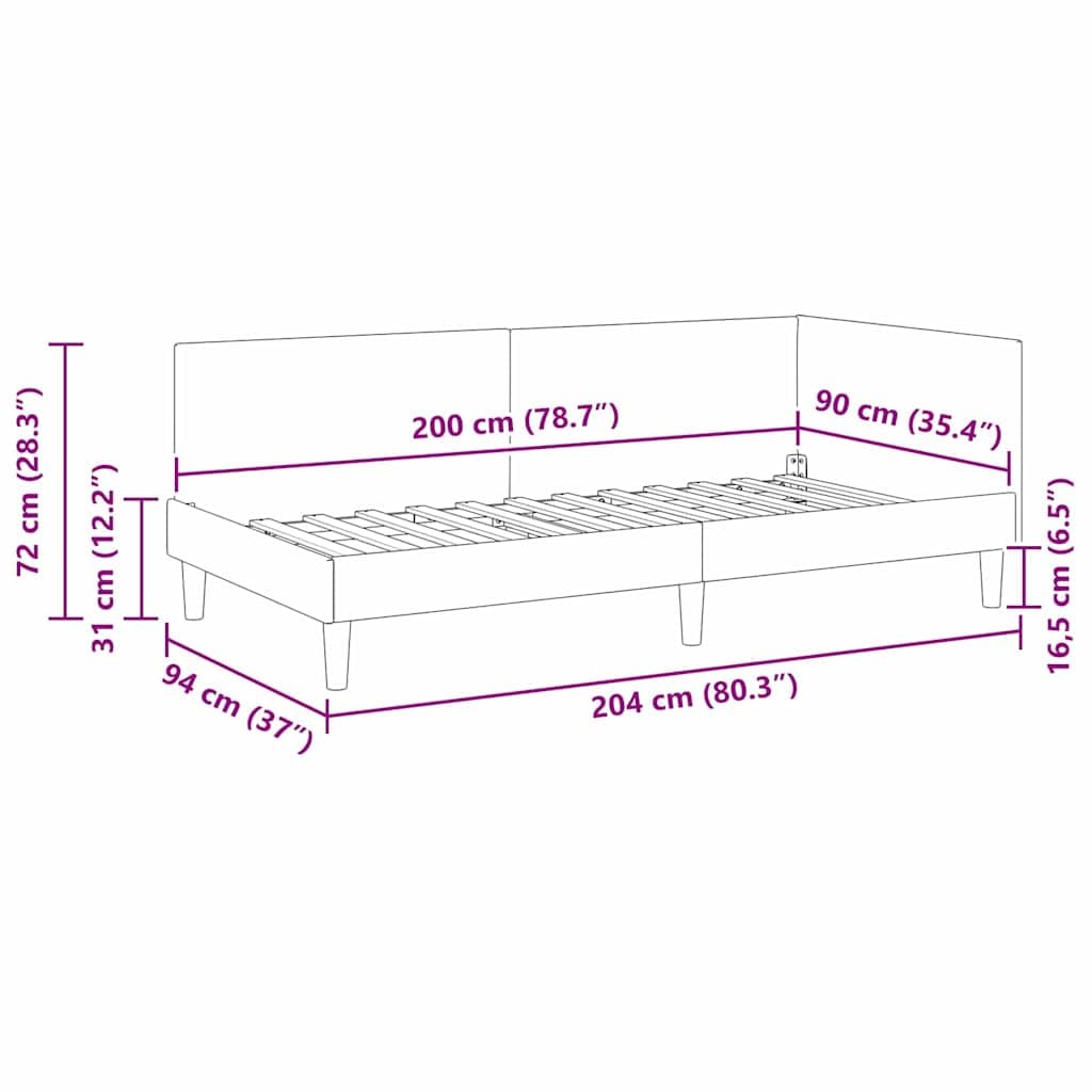 vidaXL Eckbettgestell Dunkelgrau 90 cm x 200 cm Stoff und Sperrholz, Moderne Eckbettgestell, platzsparendes Daybed, Flexibles Design für Schlafzimmer, stilvolle Minimalismus-Möbel