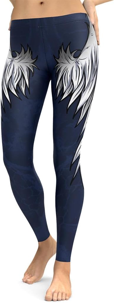 FIERCEPULSE Angel Wings Signature Leggings for Women – Mid Waisted, Stretchy Pants Printed Leggings for Workout & Exercise