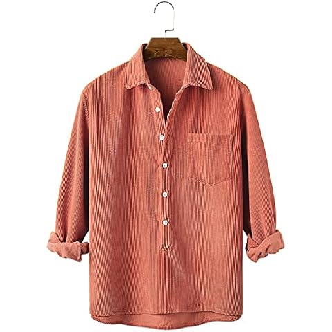 ChArmkpR Men's Corduroy Shirt Jacket Long Sleeve Button Down Henley Overshirt Casual Solid Tops Regular Fit Ribbed T-Shirts Autumn Lapel Jacket Shacket for Men with Pocket A-Pink XL Cover