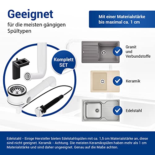 VIOKS Ablaufgarnitur Spüle mit Siebkorbventil 70 mm - Excenter Ablaufgarnitur Spülbecken, Siebkorb Excenterventil Abtropf Überlauf Spüle Set