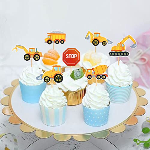 Cyodoos 24Pcs Construction Cupcake Toppers Stop Sign Dump Truck Excavator Tractor Party Cake Food Picks Decorations For Construction Theme Baby Shower Kids Birthday Party Supplies #TOP4