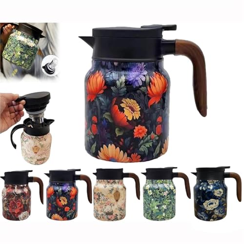 Termo de té con diseño de flores vintage, termo de acero inoxidable de 1 L con tapa, para bebidas calientes, cafetera térmica para la cocina (naranja)