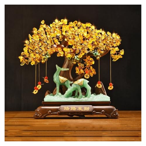 Borddekoration Crystal Tree Lucky Deer Money Tree Feng Shui Bonsai for Fortune Pengar Lycka till Rikedom Välstånd och framgång Citrin Ädelstensträd Tur(Green,Medium)