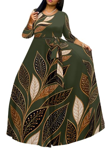 Image of Women Plus Size Long Sleeve V Neck Maxi Dress with Belt | Soft fabric relaxed fit three quarter sleeve v neck with pockets for party and daily wear
