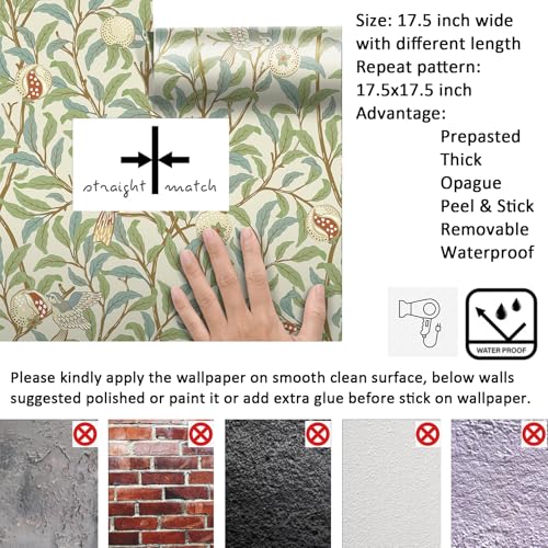 Livelynine 17.5x276 William Morris Green Peel and Stick Wallpaper Vintage Floral Birds Owl & Willow Boughs Fruit Self Adhesive Wallpaper Removable Blue Cream Green Botanical Contact Paper Shelf Liner - Thumbnail 6
