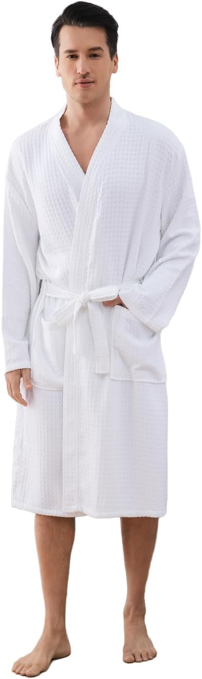 Mens Robes Waffle Lightweight Spa Knit Shawl Hotel Bathrobe Summer Soft Knee Length Sleepwear